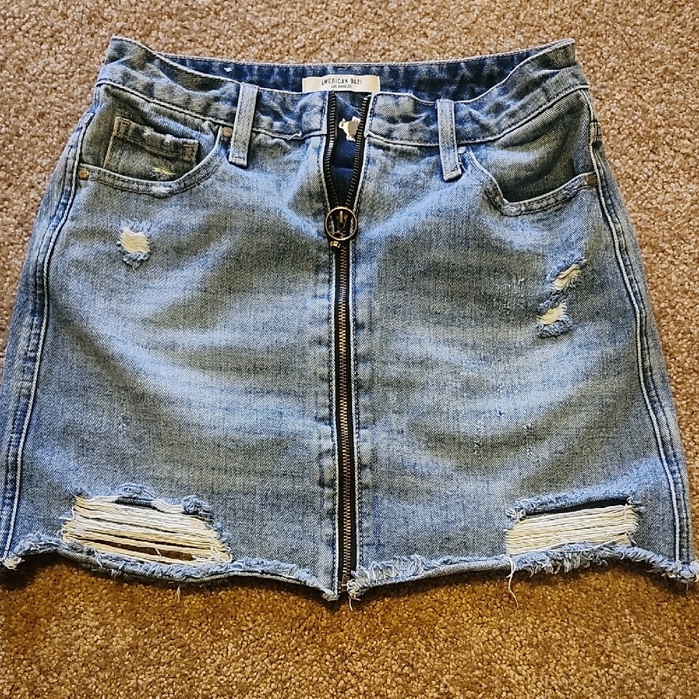 American Bazi Light Blue Distressed Mini Skirt